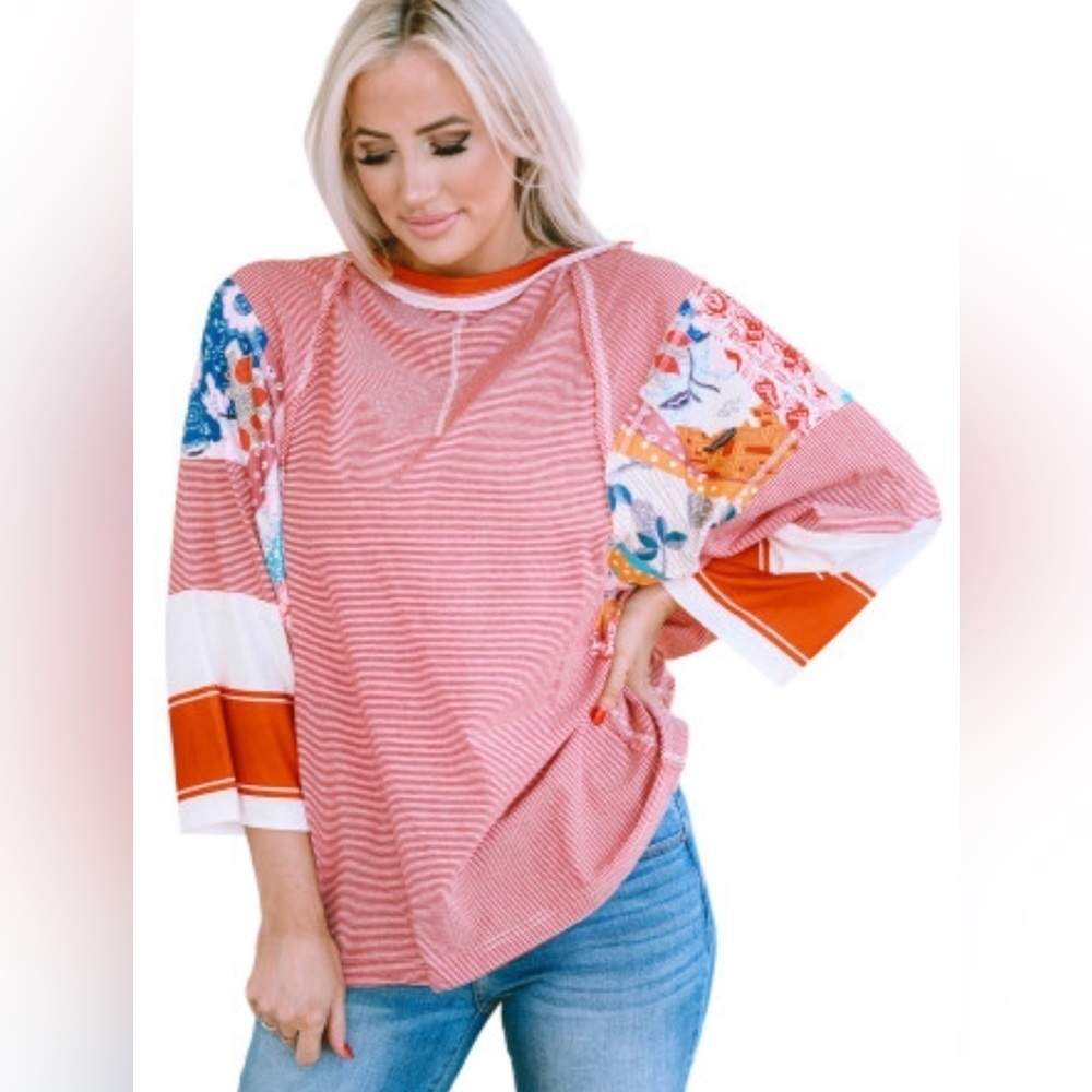 Red Patchwork Pinstriped Bohemian Floral Stripes Oversized Long Sleeve Top NEW